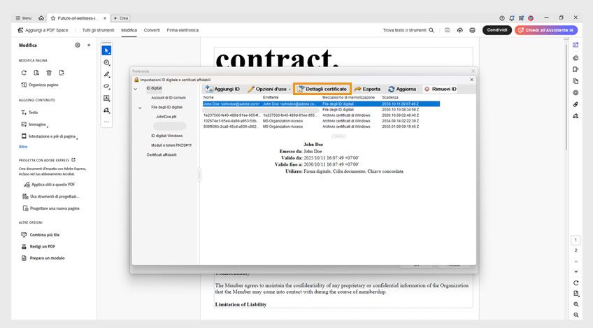 La finestra di dialogo Impostazioni ID digitale e certificati affidabili mostra un certificato selezionato e l’opzione Dettagli certificato evidenziata.