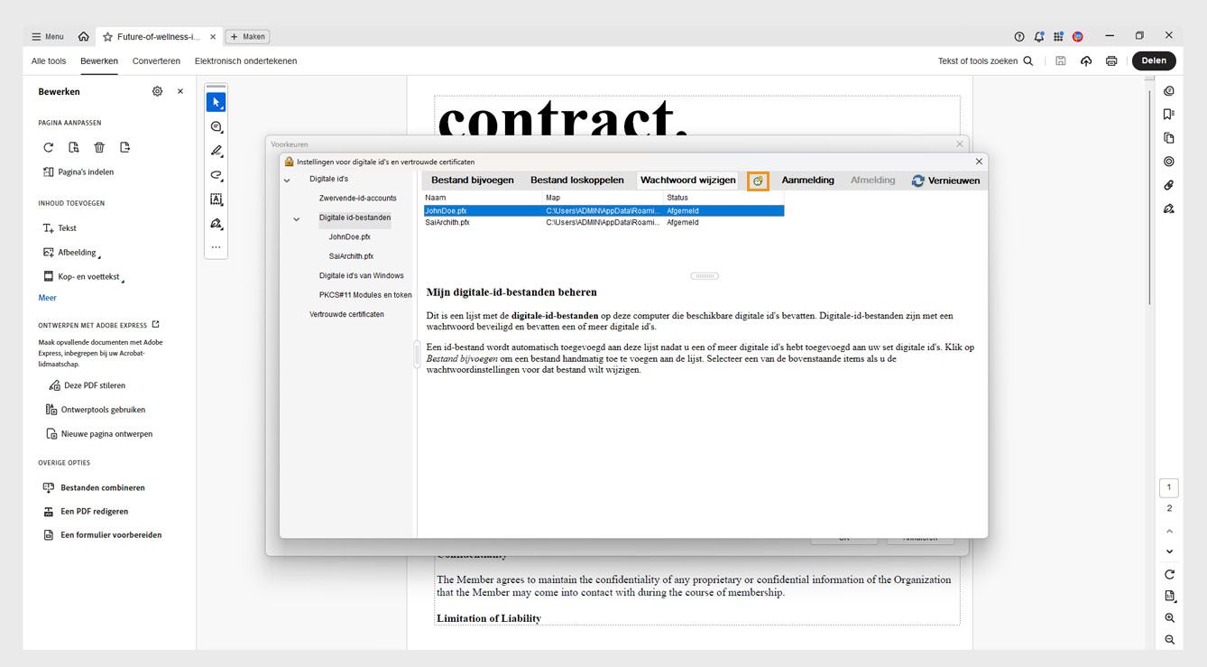 Het dialoogvenster Instellingen voor digitale ID en vertrouwde certificaten toont een geselecteerd digitaal ID-bestand en de gemarkeerde optie Wachtwoordtime-out.