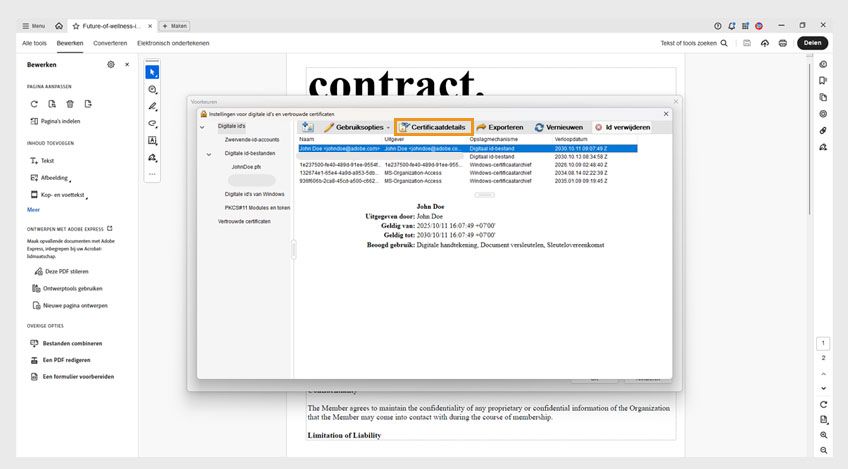 Het dialoogvenster Instellingen voor digitale ID en vertrouwde certificaten toont een geselecteerd certificaat en de gemarkeerde optie Certificaatgegevens.