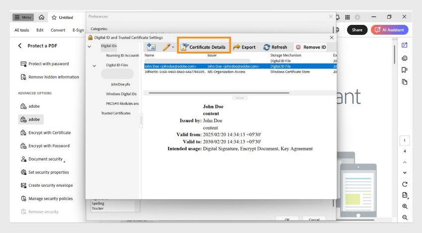 Ipinapakita ng dialog box na Digital ID and Trusted Certificate Settings ang isang napiling certificate at naka-highlight ang opsyong Certificate Details.