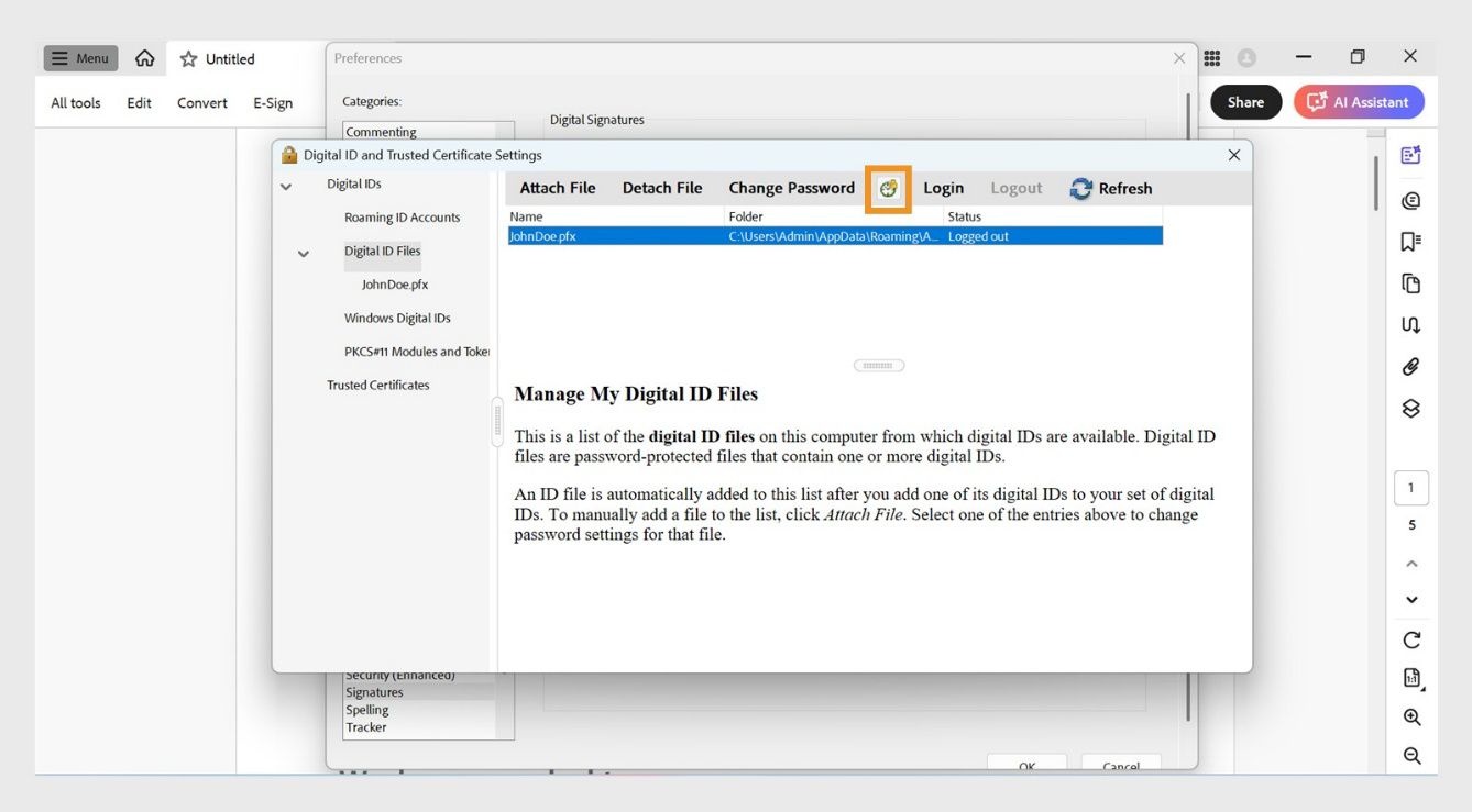 תיבת הדו-שיח Digital ID and Trusted Certificate Settings מציגה קובץ מזהה דיגיטלי שנבחר ואת האפשרות Password Timeout מודגשת.