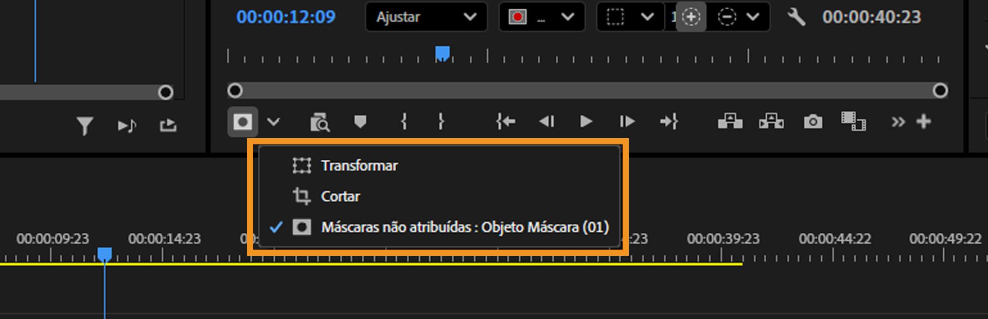 Menu suspenso mostrando opções de manipulação direta, incluindo Transformar, Cortar e Máscaras de Objeto não atribuídas.