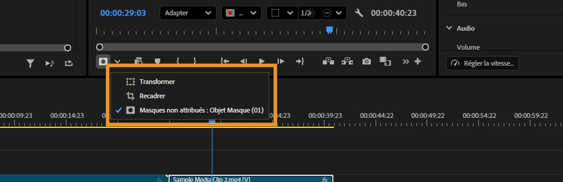 Menu déroulant affichant les options de manipulation directe, y compris la transformation, le recadrage et les masques d’objet non assignés.