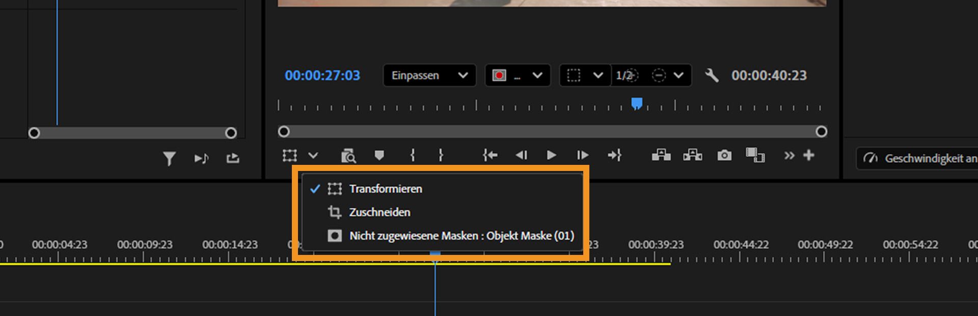 Dropdown-Menü mit Optionen für direkte Bearbeitung, einschließlich „Transformieren“, „Zuschneiden“ und nicht zugewiesene Objektmasken.