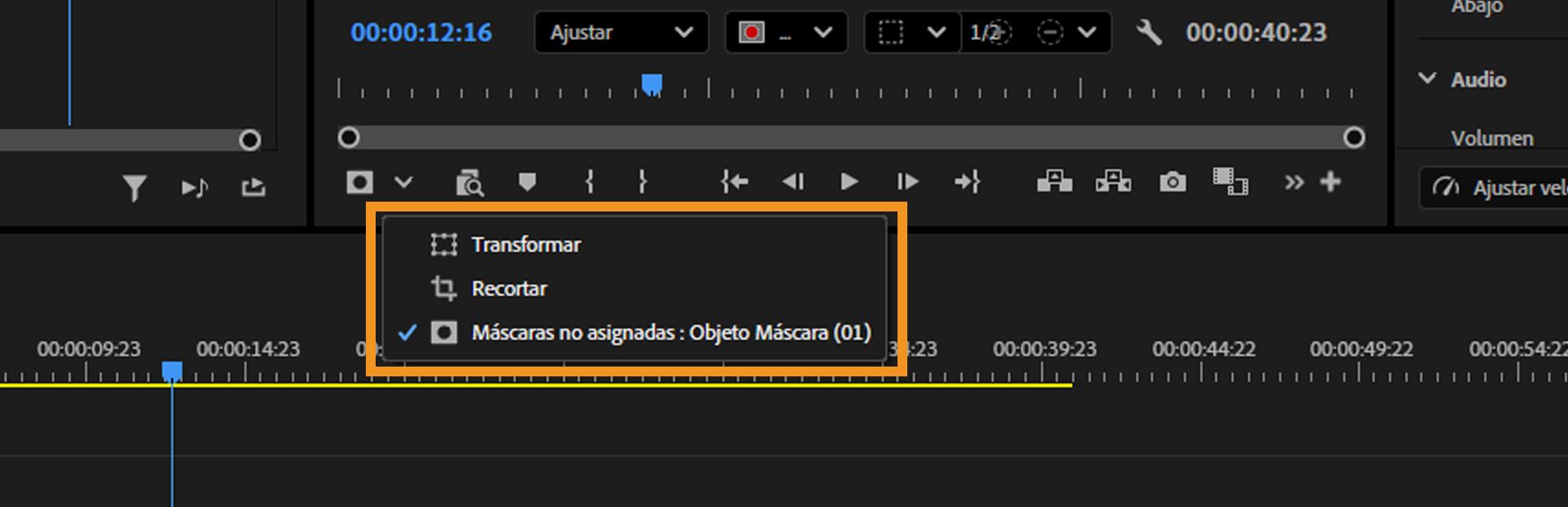 Menú desplegable que muestra las options de manipulación directa, incluyendo Transformar, Recorte y Máscaras de Objeto no asignadas. 