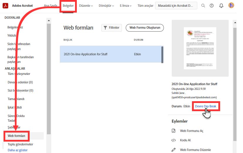 Web Formunu Devre Dışı Bırakma