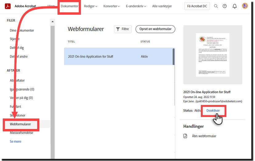 Deaktiver en webformular