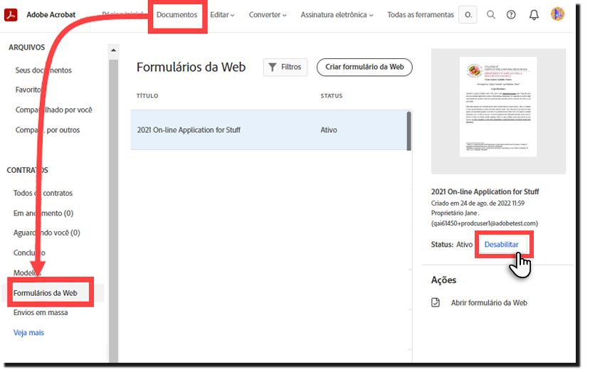 Desativar um formulário web