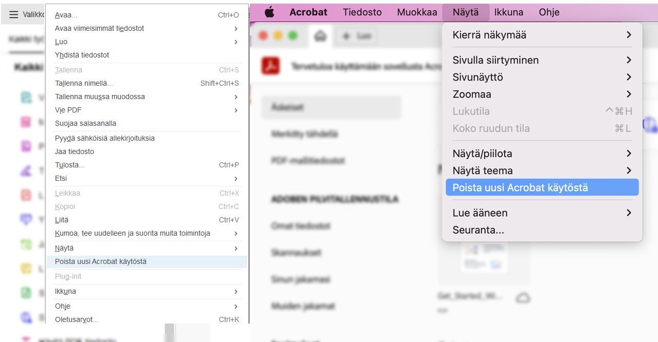 Uuden Acrobatin poistaminen käytöstä