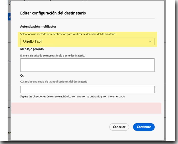 Vista de los remitentes de la configuración del destinatario cuando la comprobación de correo electrónico está desactivada