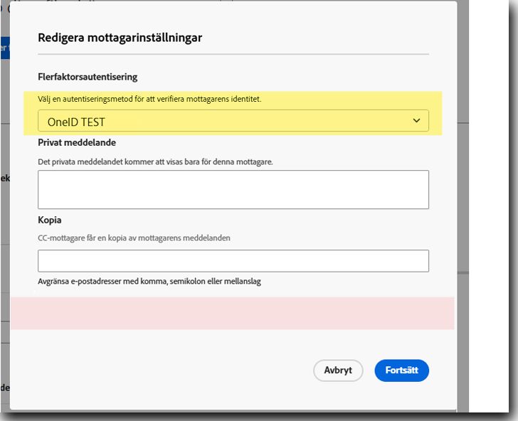 Avsändarens vy över mottagarinställningarna när e-postkontroll är inaktiverad