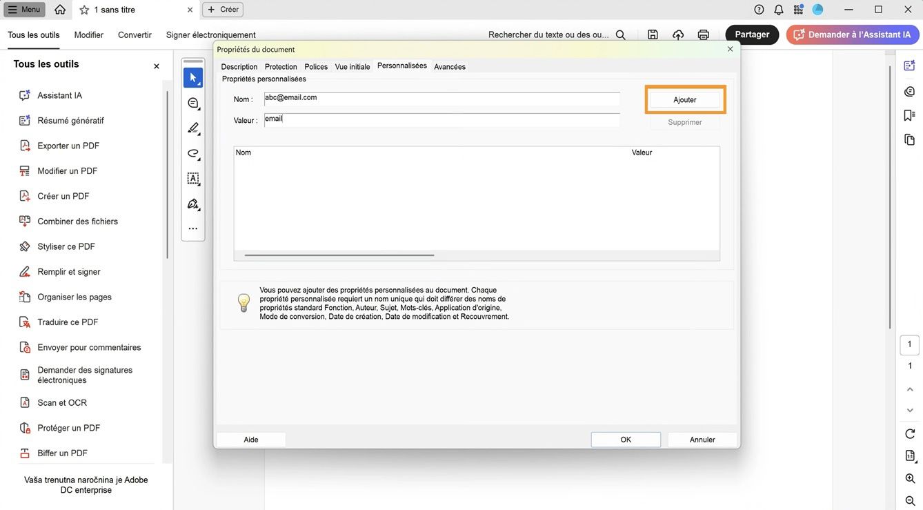 Boîte de dialogue Propriétés du document avec l'onglet Personnalisé ouvert, affichant des champs pour ajouter un nom et une valeur, ainsi que le bouton Ajouter pour créer de nouvelles propriétés de document.