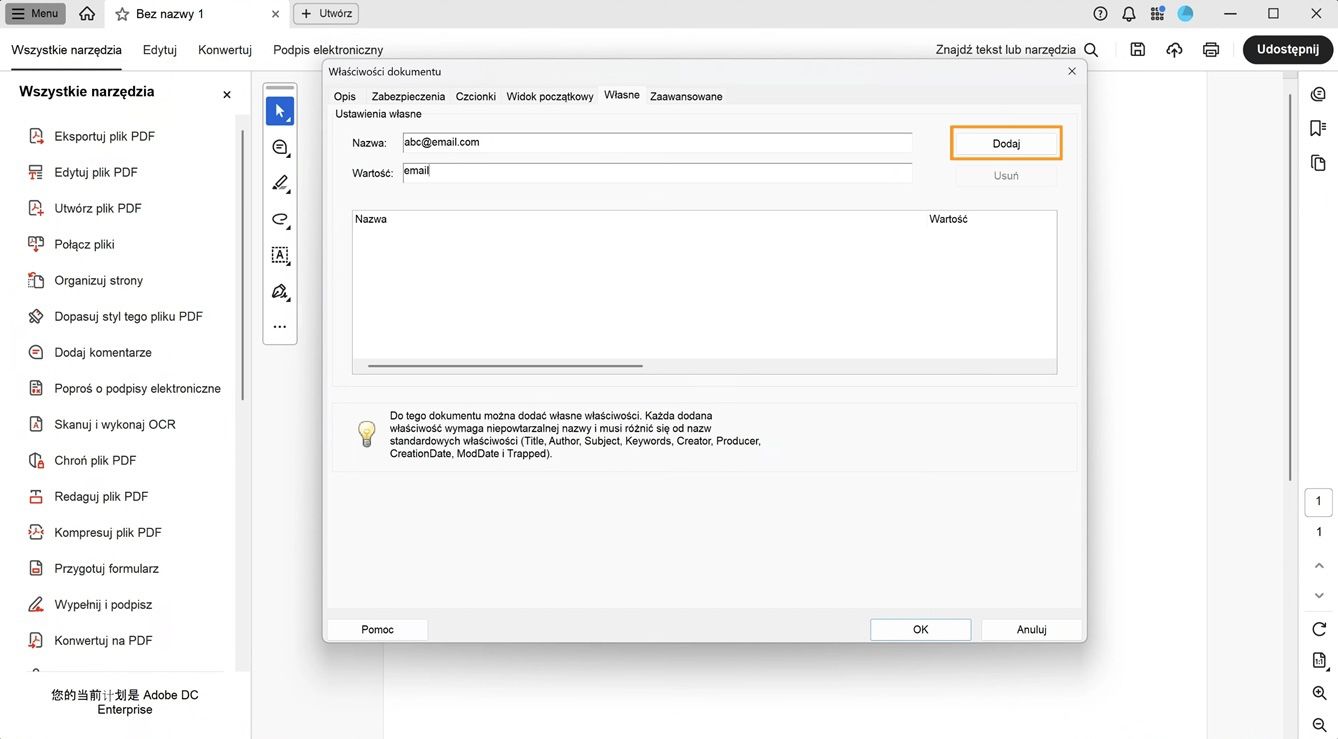 Okno dialogowe Właściwości dokumentu z otwartą kartą Niestandardowe wyświetla pola do dodawania nazwy i wartości oraz przycisk Dodaj do tworzenia nowych właściwości dokumentu. 