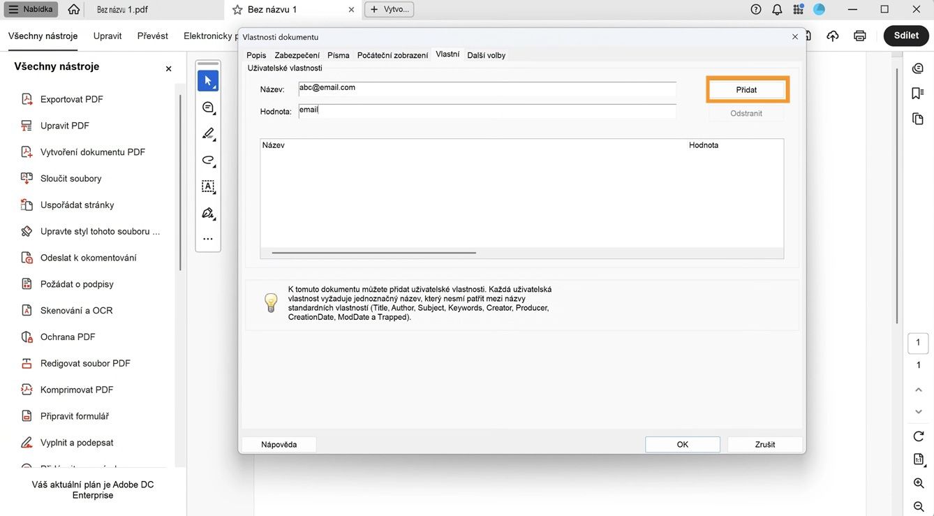 Dialogové okno Vlastnosti dokumentu s otevřenou kartou Vlastní zobrazuje pole pro přidání názvu a hodnoty spolu s tlačítkem Přidat pro vytvoření nových vlastností dokumentu.