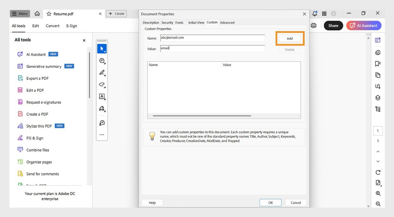 Ang dialog box ng Document Properties na may bukas na Custom tab, ay nagpapakita ng mga field para sa pagdagdag ng pangalan at value, kasama ang Add button para gumawa ng mga bagong property ng dokumento. 