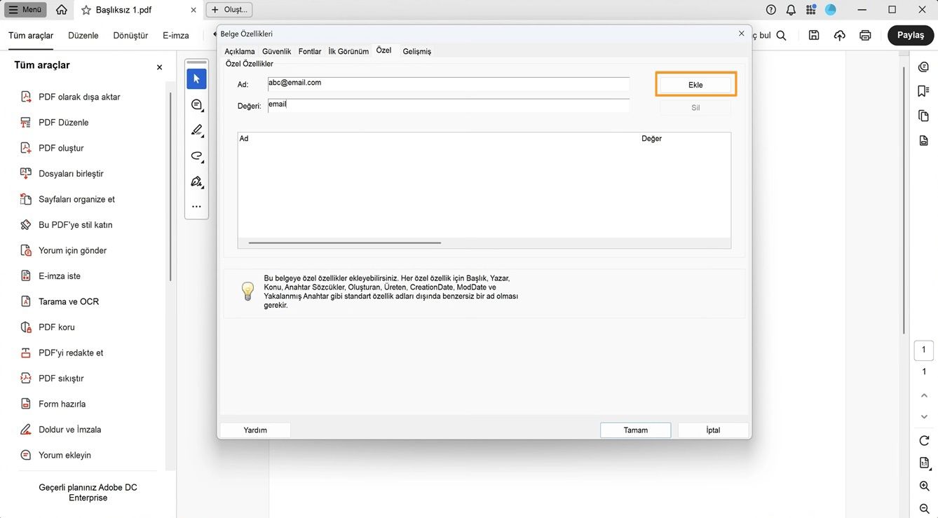 Ad ve değer eklemek için alanları ve yeni belge özellikleri oluşturmak için Ekle düğmesini gösteren, Özel sekmesi açık Belge Özellikleri iletişim kutusu.