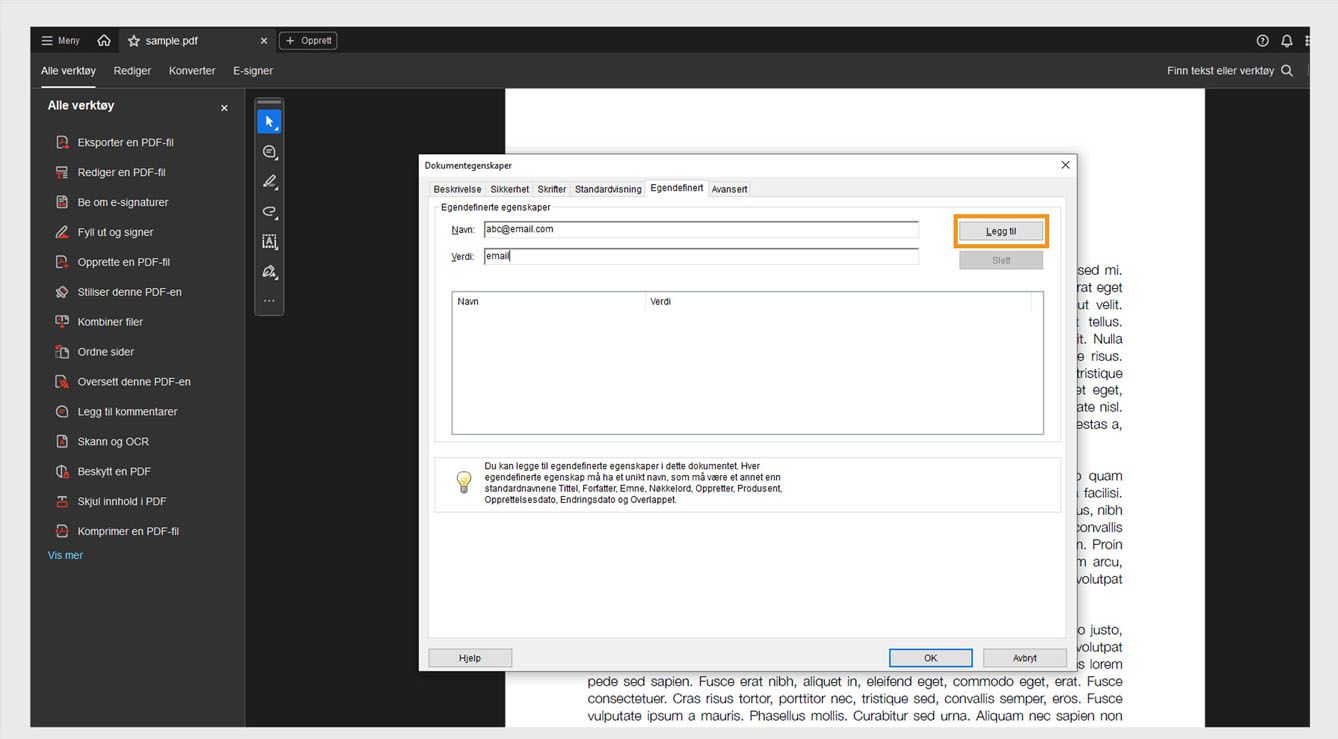 Dialogboksen Dokumentegenskaper med fanen Egendefinert åpen, viser felt for å legge til navn og verdi, sammen med Legg til-knappen for å opprette nye dokumentegenskaper. 