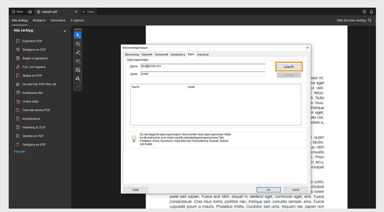 Dialogrutan Dokumentegenskaper med fliken Anpassad öppen visar fält för att lägga till namn och värde tillsammans med knappen Lägg till för att skapa nya dokumentegenskaper. 