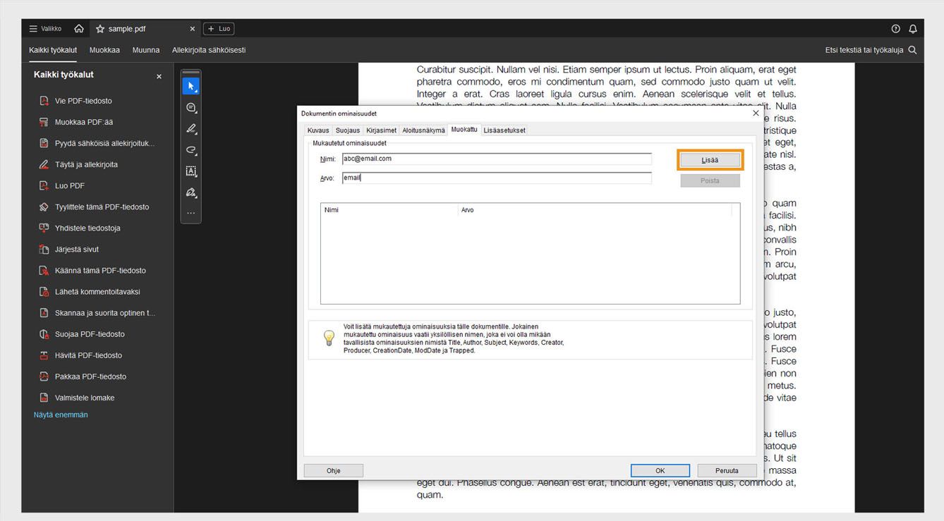 Dokumentin ominaisuudet -valintaikkuna, jossa Mukautettu-välilehti on auki, näyttää kentät nimen ja arvon lisäämiseksi sekä Lisää-painikkeen dokumentin uusien ominaisuuksien luomiseen. 