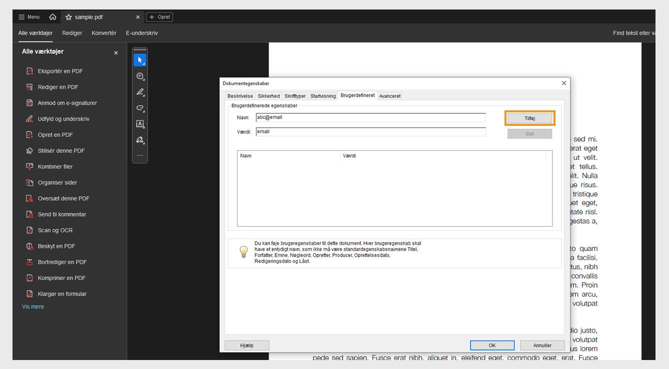 Dialogboksen Dokumentegenskaber med fanen Tilpasset åben viser felter til at tilføje et navn og en Værdi samt knappen Tilføj for at oprette nye dokumentegenskaber. 