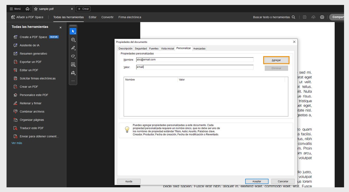 El cuadro de diálogo Propiedades del documento con la pestaña Personalizado abierta muestra campos para añadir un nombre y un valor, junto con el botón Añadir para crear nuevas propiedades del documento. 