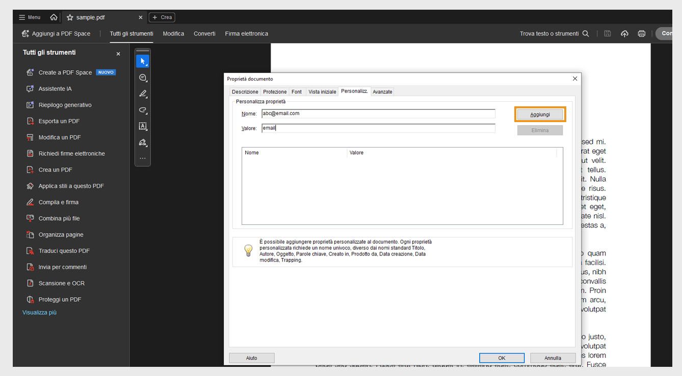 La finestra di dialogo Proprietà documento con la scheda Personalizzato aperta mostra i campi per aggiungere un nome e un valore, insieme al pulsante Aggiungi per creare nuove proprietà del documento. 