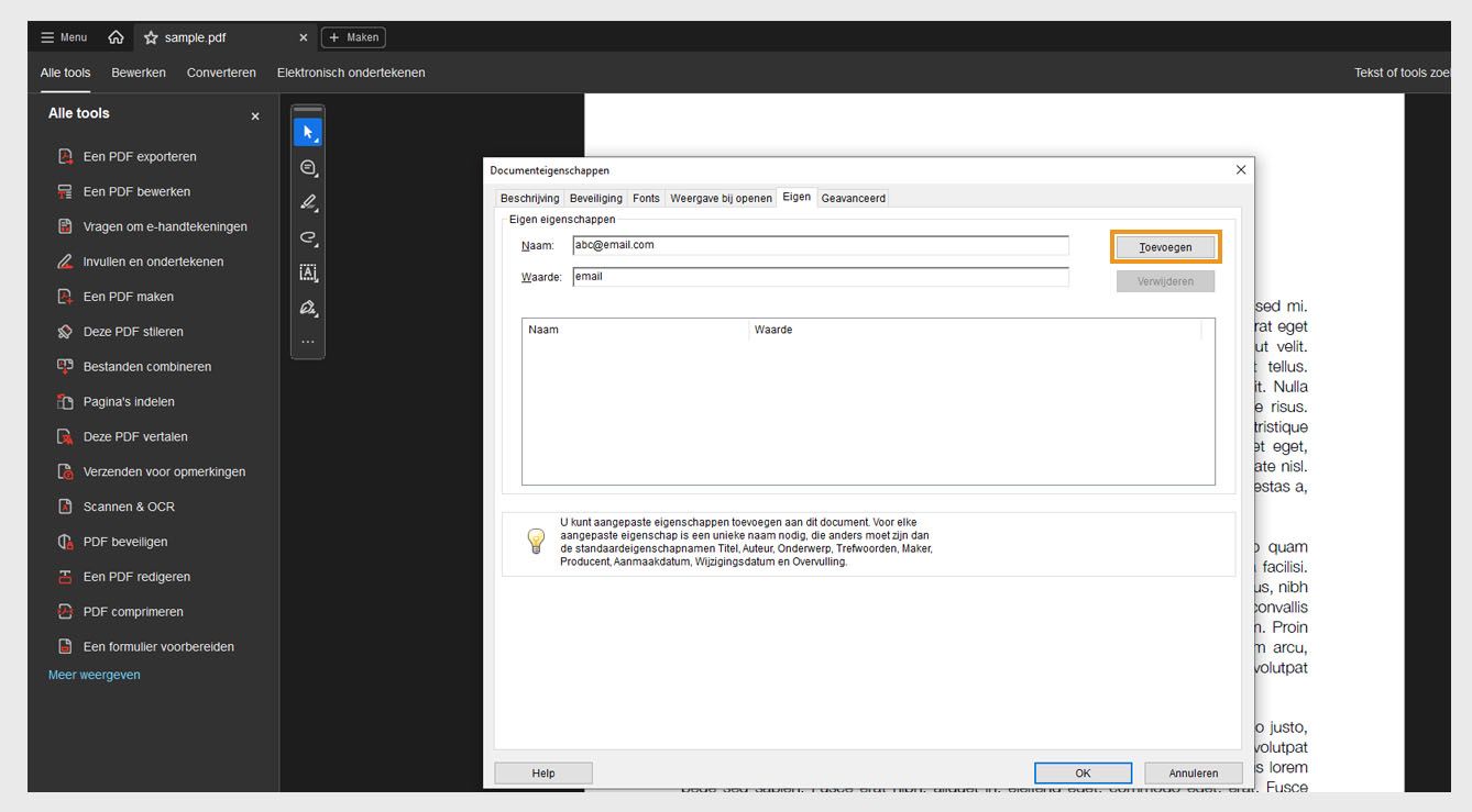 Dialoogvenster Documenteigenschappen met het tabblad Aangepast geopend, toont velden voor het toevoegen van een naam en waarde, samen met de knop Toevoegen om nieuwe documenteigenschappen te maken. 