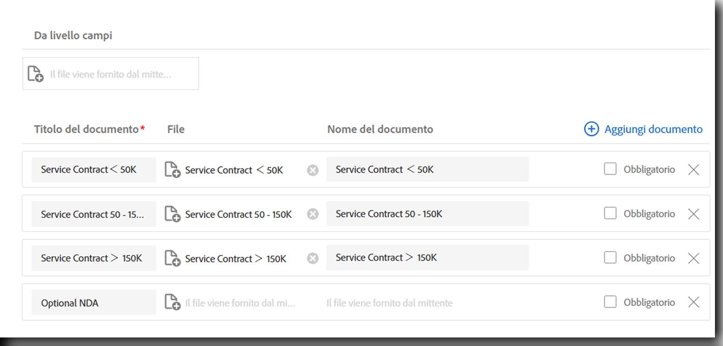 Scheda Documenti che mostra quattro file configurati da allegare.