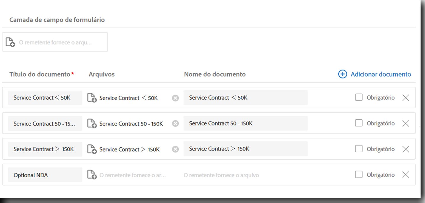 A guia Documentos mostra quatro arquivos configurados que podem ser anexados.