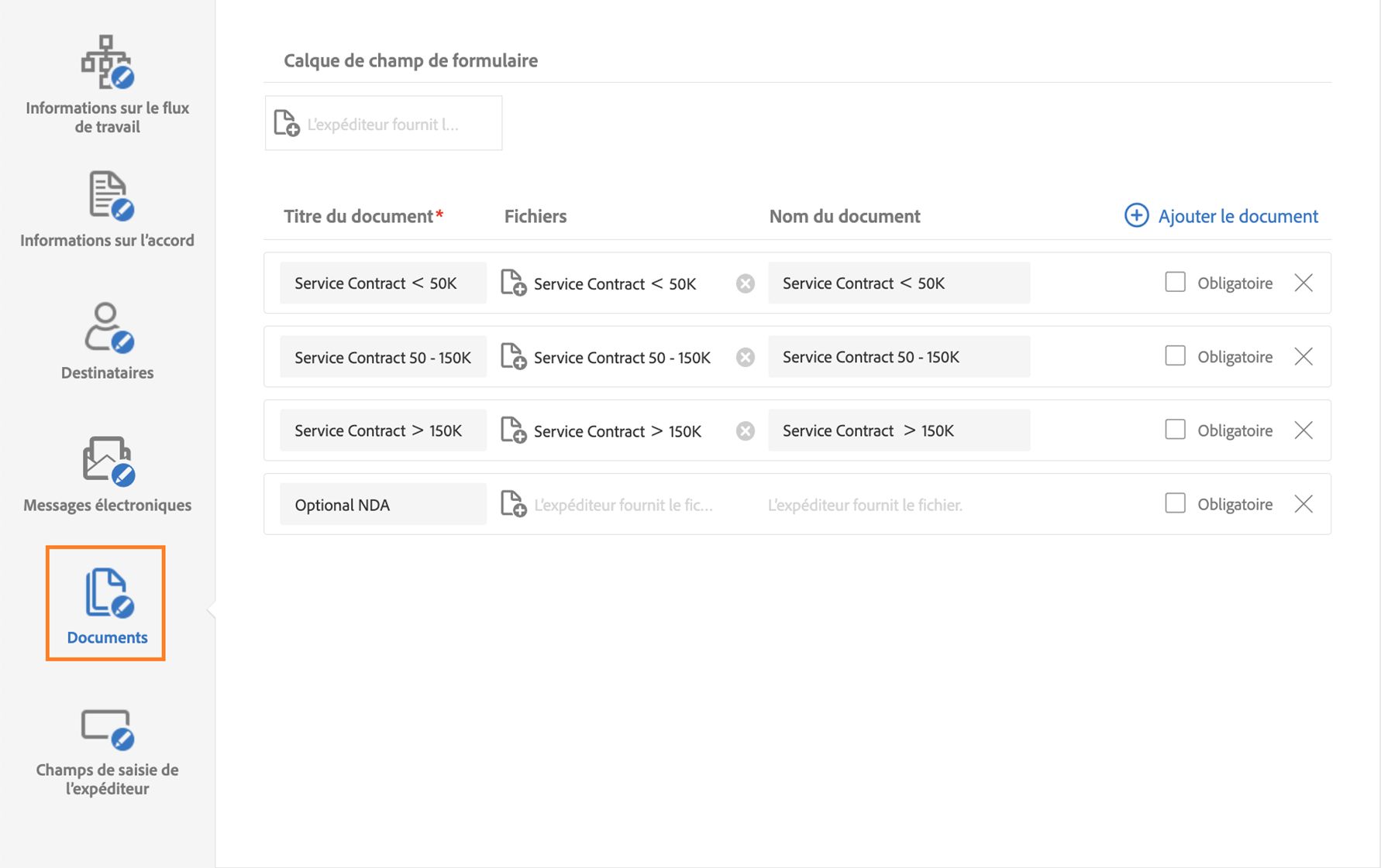 Le Concepteur de workflows personnalisés affichant l’onglet Documents