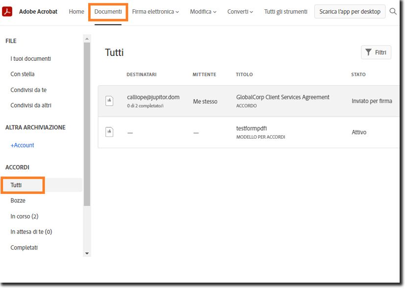 Accedi all’accordo nella pagina Documenti