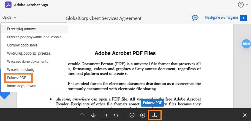 Strona podpisu elektronicznego z rozwiniętym menu Opcje i podświetloną opcją „Pobierz PDF”.