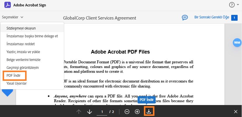 Seçenekler menüsünün genişletildiği ve &quot;PDF İndir&quot; seçeneğinin vurgulandığı e-imza sayfası.