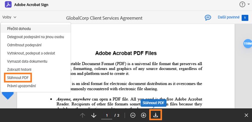 Stránka elektronického podpisu s rozbalenou nabídkou Možnosti a zvýrazněnou možností „Stáhnout PDF“.