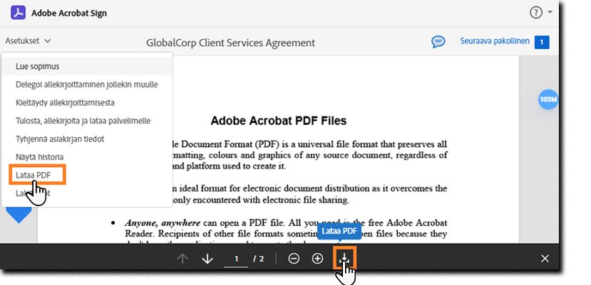 Sähköisen allekirjoituksen sivu, jolla Asetukset-valikko on laajennettuna ja Lataa PDF -vaihtoehto korostettuna.