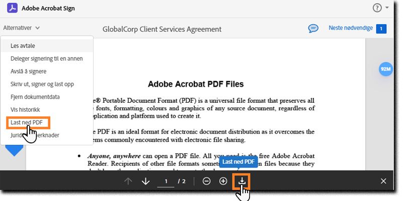 E-signeringssiden med Alternativer-menyen åpen og alternativet Last ned PDF valgt.