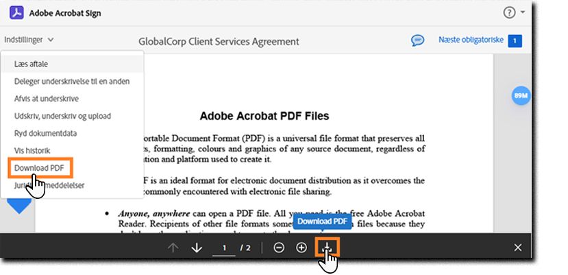 E-underskrivelsessiden med menuen Indstillinger udvidet og indstillingen &quot;Download PDF&quot; fremhævet.