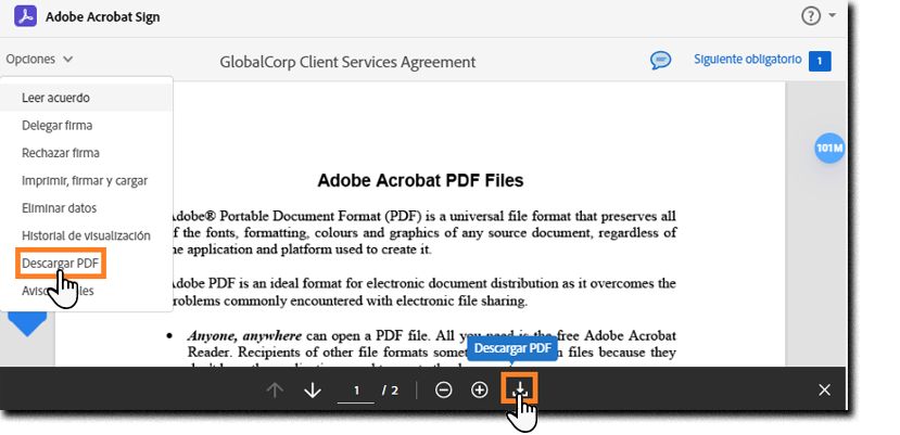 Página de firma electrónica con el menú Opciones ampliado y la opción "Descargar PDF" resaltada.