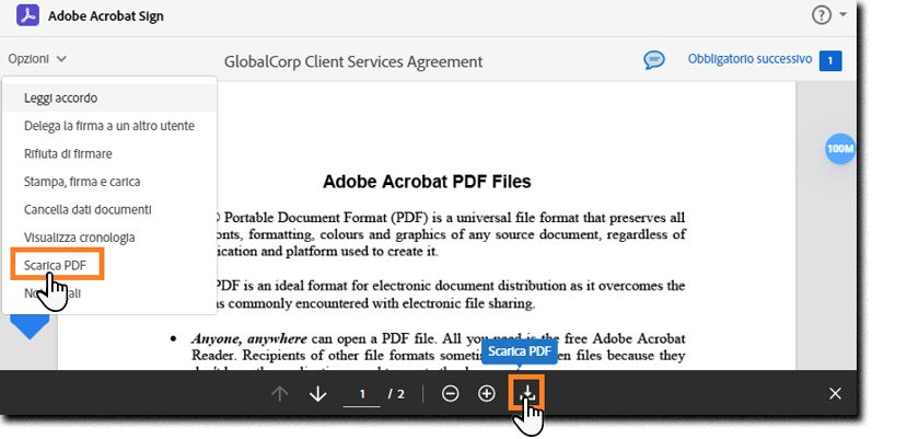 Pagina di firma elettronica con il menu Opzioni espanso e l’opzione “Scarica PDF” evidenziata.