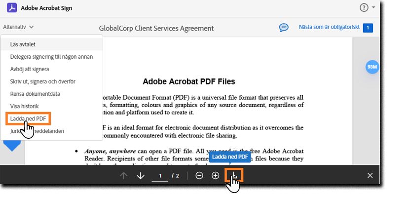 E-signeringssidan med menyn Alternativ utökad och alternativet Hämta PDF markerat.