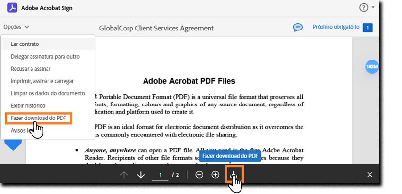A página de assinatura eletrônica com o menu Opções expandido e a opção “Baixar PDF” realçada.