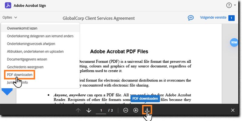 De pagina voor elektronische ondertekening met het menu Opties uitgevouwen en de optie PDF downloaden gemarkeerd.