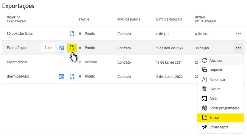 A lista de exportações de dados com o ícone Download e a ação destacada para uma exportação