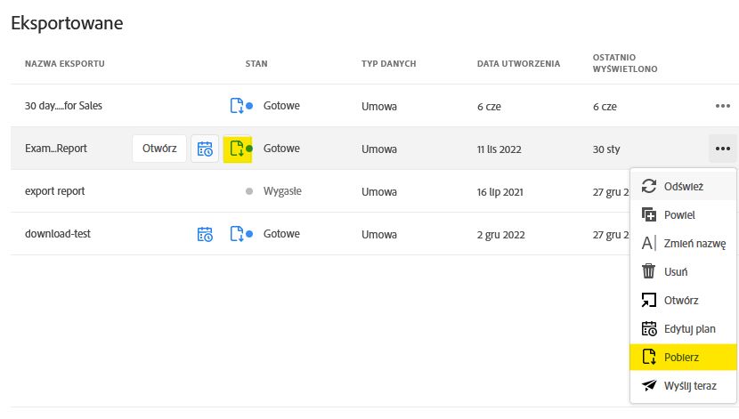 Lista eksportu danych z podświetloną ikoną Pobierz i działaniem dla jednego eksportu