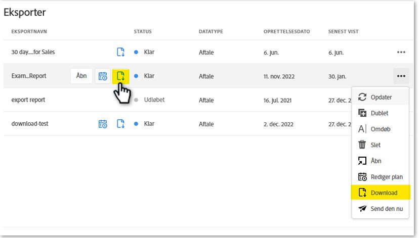 Dataeksportlisten med Download-ikonet og handlingen fremhævet for én eksport