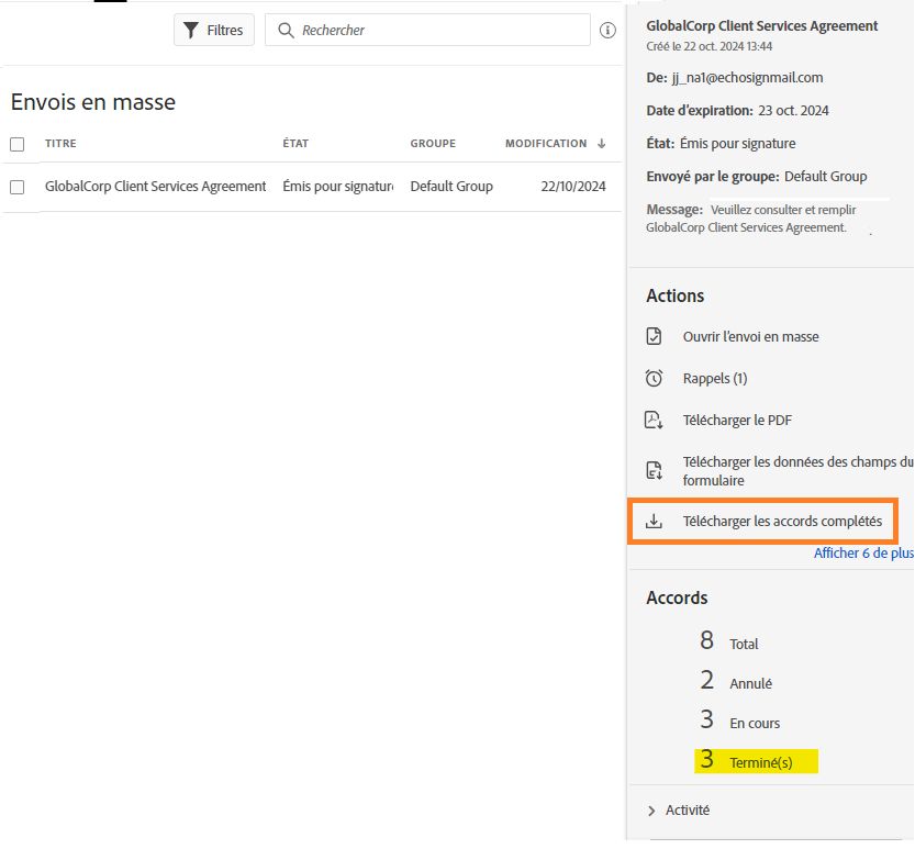 Page Gérer affichant une transaction Envoi en masse avec l’action « Télécharger les accords complétés » mise en évidence.