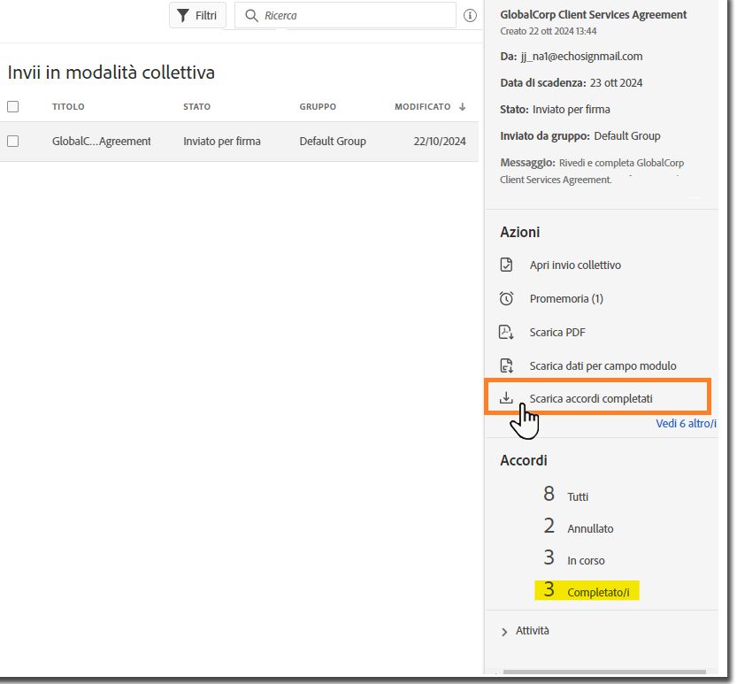 Pagina Gestisci che mostra una transazione di Invio in modalità collettiva con l’azione “Scarica accordi completati” evidenziata.