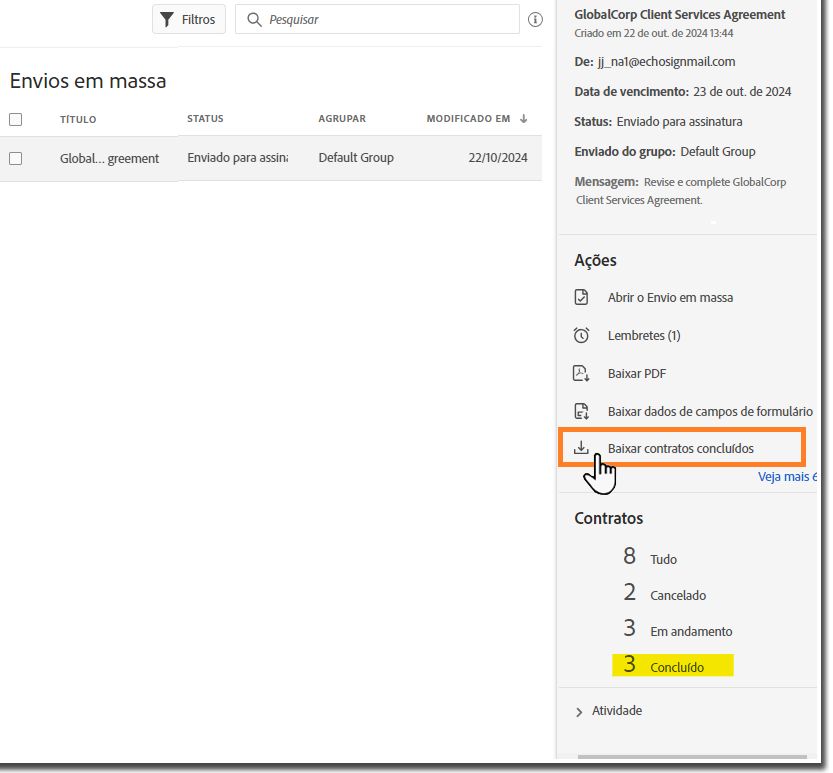 A página Gerenciar exibindo uma transação de Envio em massa com a ação “Baixar contratos concluídos” realçada.