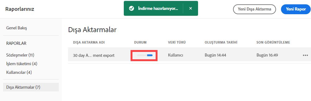 Dışa aktarım oluşturuluyor