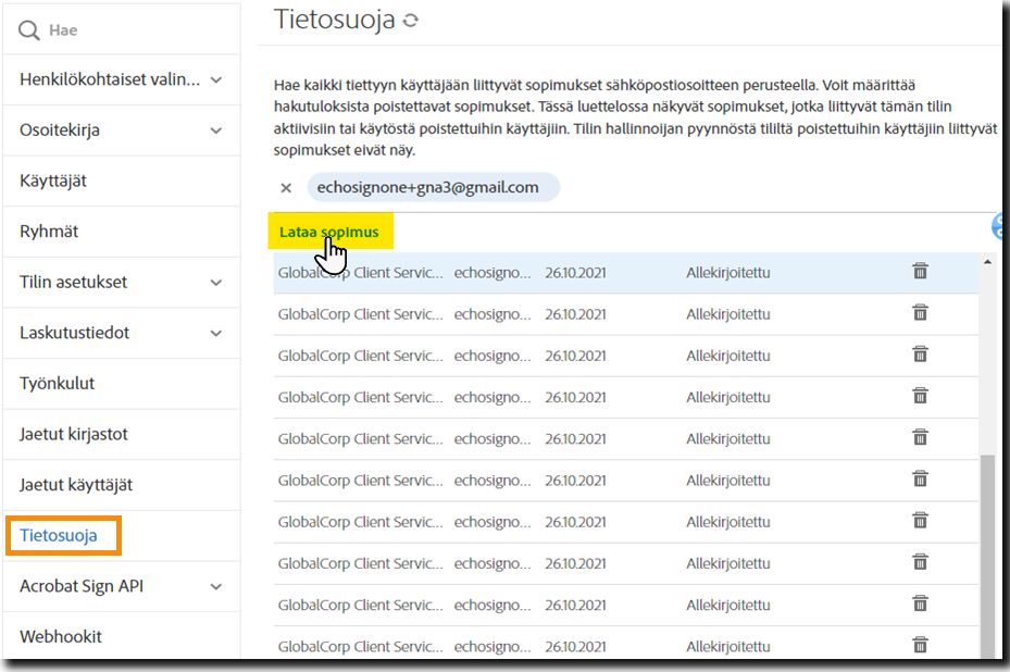 Tietosuoja-ikkuna, jossa näkyvät sopimukset ja Lataa sopimus -linkki korostettuna